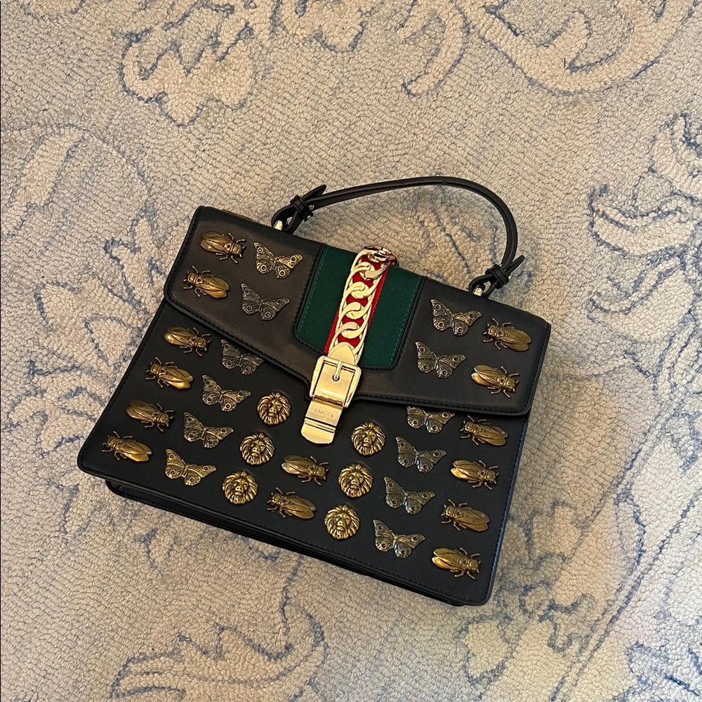 Black Embellished Top-Handle Faux Leather with Green Red Accent